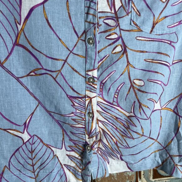 Cynthia Rowley Linen Blue Tropical Leaf Shirt Size L - Picture 6 of 9